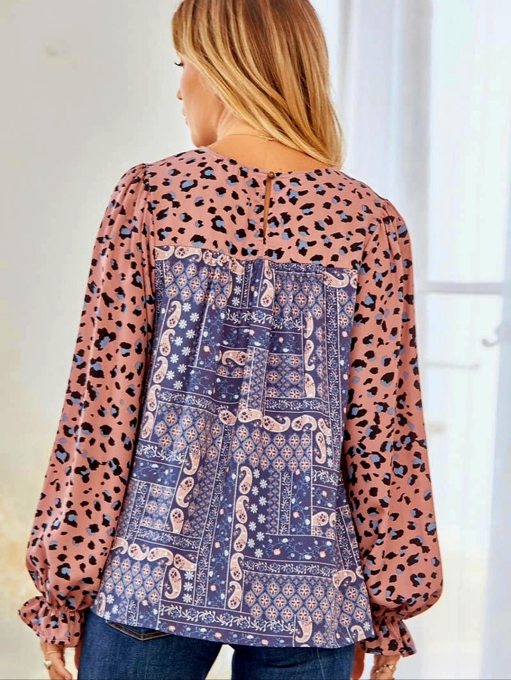Andre'e by Unit Paisley & Leopard Print Blouse, Balloon Sleeves  Size Medium - Picture 4 of 11
